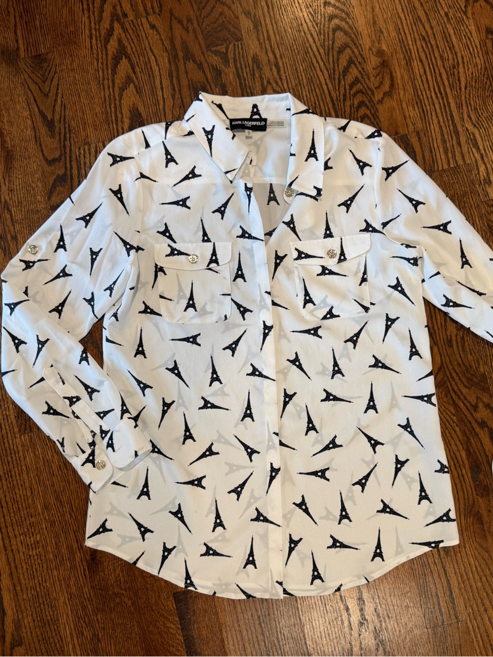 Karl Lagerfield Paris Eiffel Tower button down blouse with silver buttons Small